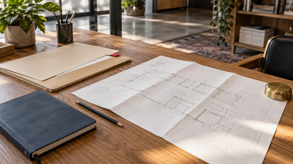 Illustrated worktable with folders, a notebook and a generic building drawing.