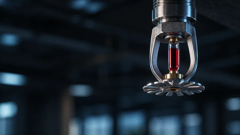 Generic closed pendent sprinkler illustrated in brushed metal with an intact red glass bulb.