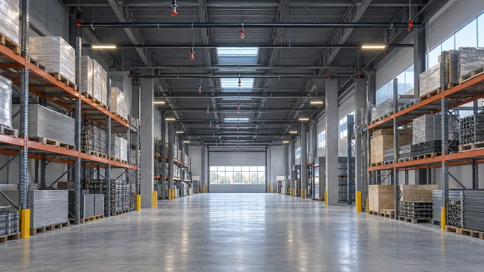 Illustrated warehouse aisle with ceiling pipework and closed sprinklers.